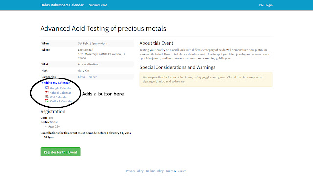 Add Dallas Makerspace event to Calendar from Chrome web store to be run with OffiDocs Chromium online Add Dallas Makerspace event to Calendar from Chrome web store to be run with OffiDocs Chromium online