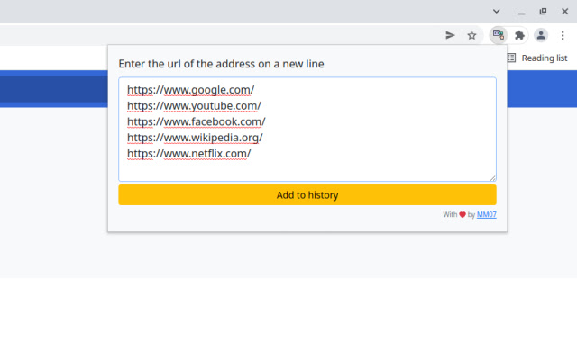 Add URL to History from Chrome web store to be run with OffiDocs Chromium online Add URL to History from Chrome web store to be run with OffiDocs Chromium online