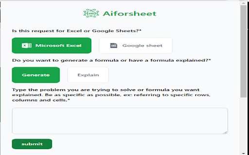 Aiforsheet : Generate Excel Formulas and Google Sheet Formulas with AI from Chrome web store to be run with OffiDocs Chromium online Aiforsheet : Generate Excel Formulas and Google Sheet Formulas with AI from Chrome web store to be run with OffiDocs Chromium online