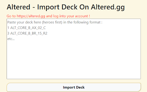 Altered Import Deck On Altered.gg from Chrome web store to be run with OffiDocs Chromium online Altered Import Deck On Altered.gg from Chrome web store to be run with OffiDocs Chromium online