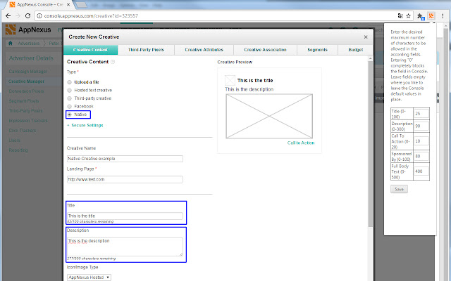 AppNexus NativeAds Textfield MaxLength Config from Chrome web store to be run with OffiDocs Chromium online AppNexus NativeAds Textfield MaxLength Config from Chrome web store to be run with OffiDocs Chromium online