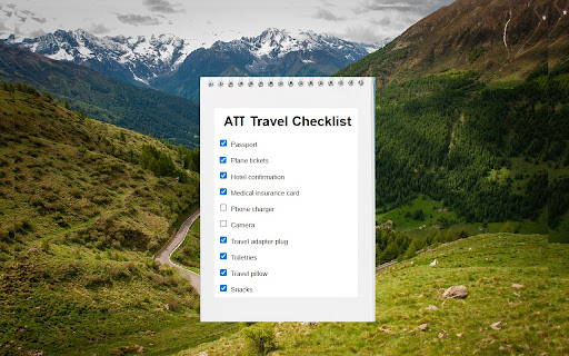 ATT Travel Checklist from Chrome web store to be run with OffiDocs Chromium online ATT Travel Checklist from Chrome web store to be run with OffiDocs Chromium online