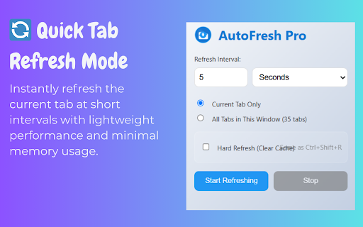 AutoFresh Pro Tab Auto Refresher from Chrome web store to be run with OffiDocs Chromium online AutoFresh Pro Tab Auto Refresher from Chrome web store to be run with OffiDocs Chromium online