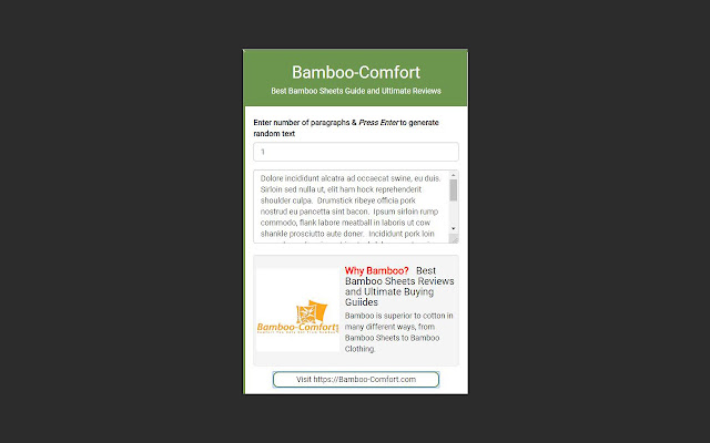 Bamboo Comforts Random Text Generator! from Chrome web store to be run with OffiDocs Chromium online Bamboo Comforts Random Text Generator! from Chrome web store to be run with OffiDocs Chromium online