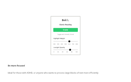 Boldly Bionic Reading from Chrome web store to be run with OffiDocs Chromium online Boldly Bionic Reading from Chrome web store to be run with OffiDocs Chromium online