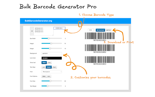 Bulk Barcode Generator Pro Free Online Tool from Chrome web store to be run with OffiDocs Chromium online Bulk Barcode Generator Pro Free Online Tool from Chrome web store to be run with OffiDocs Chromium online