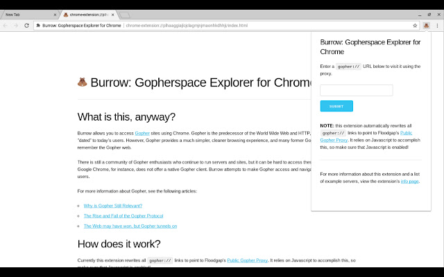 Burrow: Gopherspace Explorer for Chrome from Chrome web store to be run with OffiDocs Chromium online Burrow: Gopherspace Explorer for Chrome from Chrome web store to be run with OffiDocs Chromium online