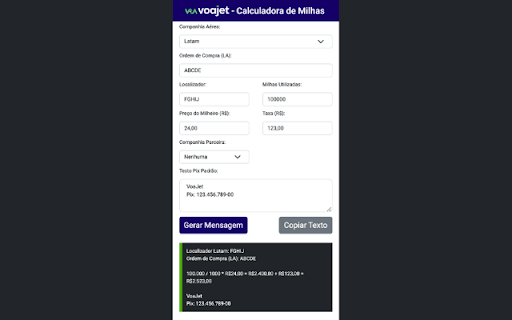 Calculadora de Milhas VoaJet 2.3 from Chrome web store to be run with OffiDocs Chromium online Calculadora de Milhas VoaJet 2.3 from Chrome web store to be run with OffiDocs Chromium online