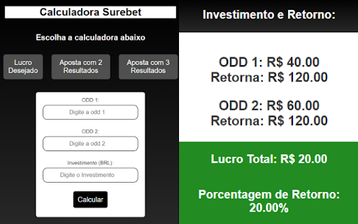 Calculadora Surebet from Chrome web store to be run with OffiDocs Chromium online Calculadora Surebet from Chrome web store to be run with OffiDocs Chromium online