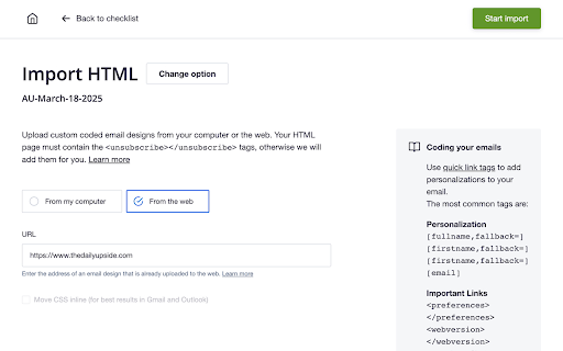 Campaign Monitor HTML Import Helper by The Daily Upside from Chrome web store to be run with OffiDocs Chromium online Campaign Monitor HTML Import Helper by The Daily Upside from Chrome web store to be run with OffiDocs Chromium online