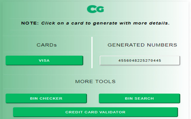 CardGenerator VISA Credit Card Generator from Chrome web store to be run with OffiDocs Chromium online CardGenerator VISA Credit Card Generator from Chrome web store to be run with OffiDocs Chromium online