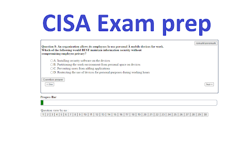 Certified Information Systems Auditor (CISA) Exam prep plugin from Chrome web store to be run with OffiDocs Chromium online Certified Information Systems Auditor (CISA) Exam prep plugin from Chrome web store to be run with OffiDocs Chromium online