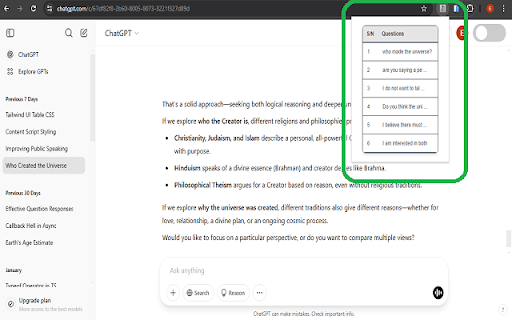 ChatGPT Question Log from Chrome web store to be run with OffiDocs Chromium online ChatGPT Question Log from Chrome web store to be run with OffiDocs Chromium online