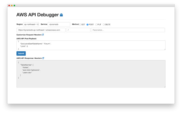 Chrome AWS API Debugger from Chrome web store to be run with OffiDocs Chromium online Chrome AWS API Debugger from Chrome web store to be run with OffiDocs Chromium online