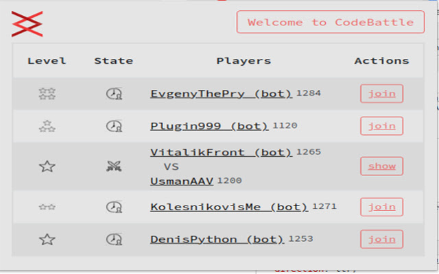 Codebattle from Chrome web store to be run with OffiDocs Chromium online Codebattle from Chrome web store to be run with OffiDocs Chromium online