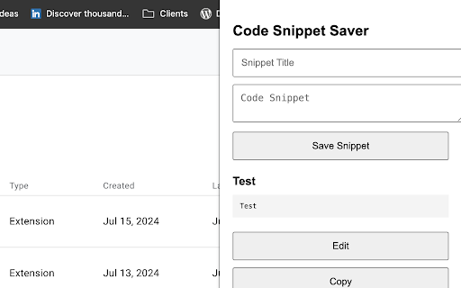 CodeSnippet Saver from Chrome web store to be run with OffiDocs Chromium online CodeSnippet Saver from Chrome web store to be run with OffiDocs Chromium online