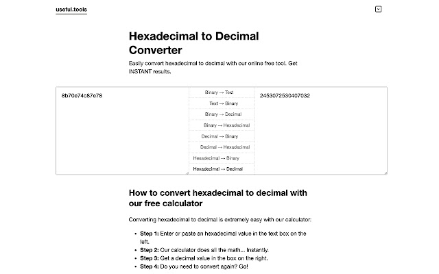 Convert Hexadecimal to Decimal Converter from Chrome web store to be run with OffiDocs Chromium online Convert Hexadecimal to Decimal Converter from Chrome web store to be run with OffiDocs Chromium online