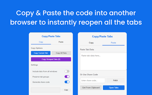 Copy Tabs – Instantly Copy, Paste and Share Tabs with a Code from Chrome web store to be run with OffiDocs Chromium online Copy Tabs – Instantly Copy, Paste and Share Tabs with a Code from Chrome web store to be run with OffiDocs Chromium online