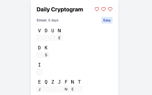 Daily Cryptogram Challenge from Chrome web store to be run with OffiDocs Chromium online Daily Cryptogram Challenge from Chrome web store to be run with OffiDocs Chromium online