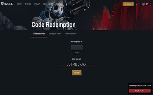 Destiny2 Code Redeemer from Chrome web store to be run with OffiDocs Chromium online Destiny2 Code Redeemer from Chrome web store to be run with OffiDocs Chromium online