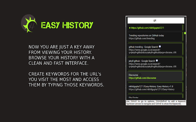 Easy History from Chrome web store to be run with OffiDocs Chromium online Easy History from Chrome web store to be run with OffiDocs Chromium online