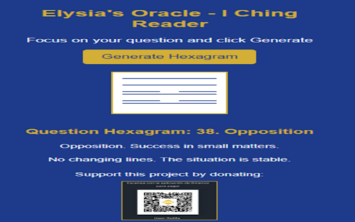 Elysias Oracle I Ching Reader from Chrome web store to be run with OffiDocs Chromium online Elysias Oracle I Ching Reader from Chrome web store to be run with OffiDocs Chromium online