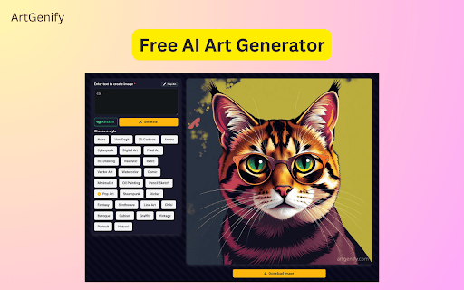 Free AI Art Generator ArtGenify from Chrome web store to be run with OffiDocs Chromium online Free AI Art Generator ArtGenify from Chrome web store to be run with OffiDocs Chromium online