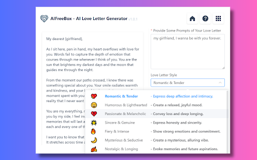 Free AI Love Letter Generator: AIFreeBox from Chrome web store to be run with OffiDocs Chromium online Free AI Love Letter Generator: AIFreeBox from Chrome web store to be run with OffiDocs Chromium online