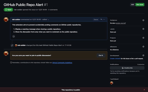 GitHub Public Repo Alert from Chrome web store to be run with OffiDocs Chromium online GitHub Public Repo Alert from Chrome web store to be run with OffiDocs Chromium online