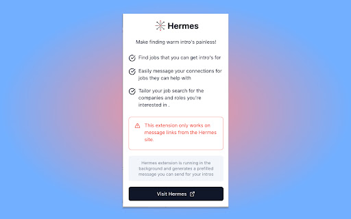 Hermes Warm Intros Extension from Chrome web store to be run with OffiDocs Chromium online Hermes Warm Intros Extension from Chrome web store to be run with OffiDocs Chromium online