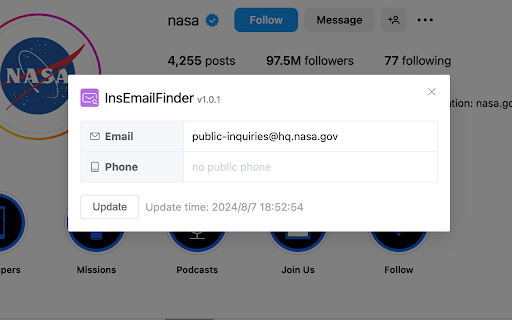 InsEmailFinder Find email phone of an IG account from Chrome web store to be run with OffiDocs Chromium online InsEmailFinder Find email phone of an IG account from Chrome web store to be run with OffiDocs Chromium online