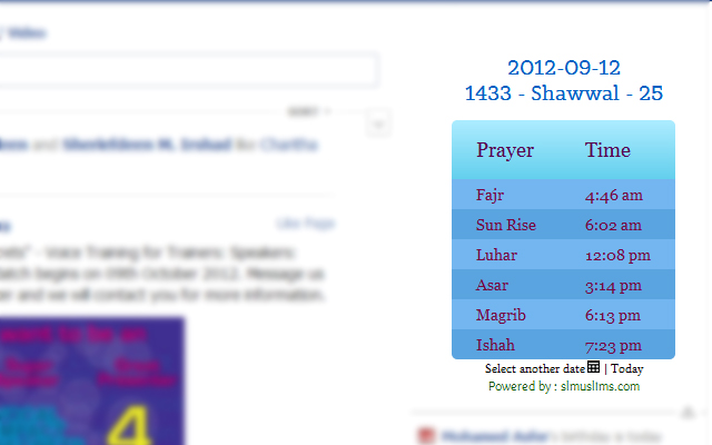 Islamic Prayer Times for Facebook from Chrome web store to be run with OffiDocs Chromium online Islamic Prayer Times for Facebook from Chrome web store to be run with OffiDocs Chromium online
