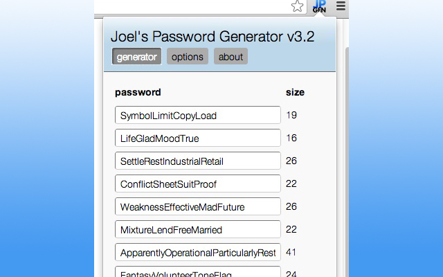 Joels Password Generator from Chrome web store to be run with OffiDocs Chromium online Joels Password Generator from Chrome web store to be run with OffiDocs Chromium online