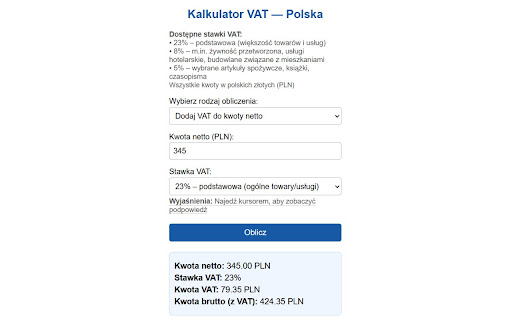 Kalkulator VAT Polska from Chrome web store to be run with OffiDocs Chromium online Kalkulator VAT Polska from Chrome web store to be run with OffiDocs Chromium online