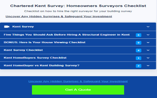 Kent Survey: Homeowners Surveyors Checklist from Chrome web store to be run with OffiDocs Chromium online Kent Survey: Homeowners Surveyors Checklist from Chrome web store to be run with OffiDocs Chromium online