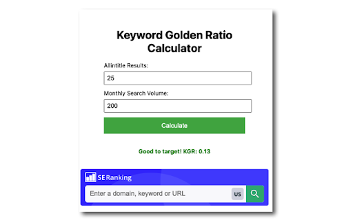 Keyword Golden Ratio Calculator Tool from Chrome web store to be run with OffiDocs Chromium online Keyword Golden Ratio Calculator Tool from Chrome web store to be run with OffiDocs Chromium online