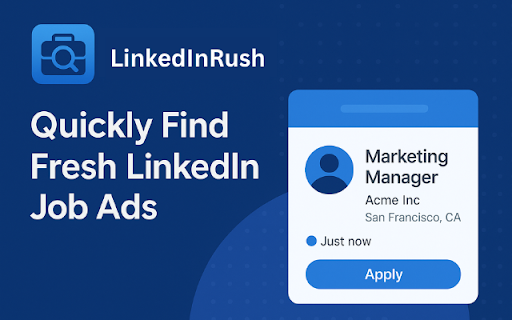 LinkedInRush: Because Minutes Matter. Apply Fast. Get Hired. from Chrome web store to be run with OffiDocs Chromium online LinkedInRush: Because Minutes Matter. Apply Fast. Get Hired. from Chrome web store to be run with OffiDocs Chromium online