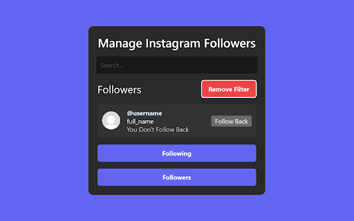 Manage Instagram Followers from Chrome web store to be run with OffiDocs Chromium online Manage Instagram Followers from Chrome web store to be run with OffiDocs Chromium online
