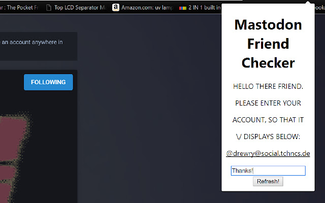Mastodon Friend Checker from Chrome web store to be run with OffiDocs Chromium online Mastodon Friend Checker from Chrome web store to be run with OffiDocs Chromium online