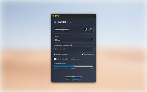 Namlet Smart Username Generator from Chrome web store to be run with OffiDocs Chromium online Namlet Smart Username Generator from Chrome web store to be run with OffiDocs Chromium online