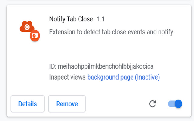 Notify Tab Close from Chrome web store to be run with OffiDocs Chromium online Notify Tab Close from Chrome web store to be run with OffiDocs Chromium online