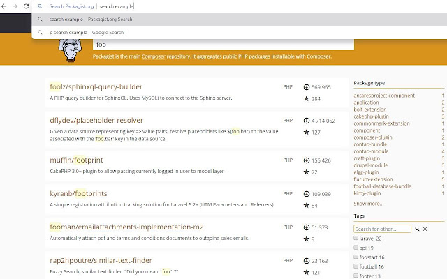 Packagist.org search engine from Chrome web store to be run with OffiDocs Chromium online Packagist.org search engine from Chrome web store to be run with OffiDocs Chromium online