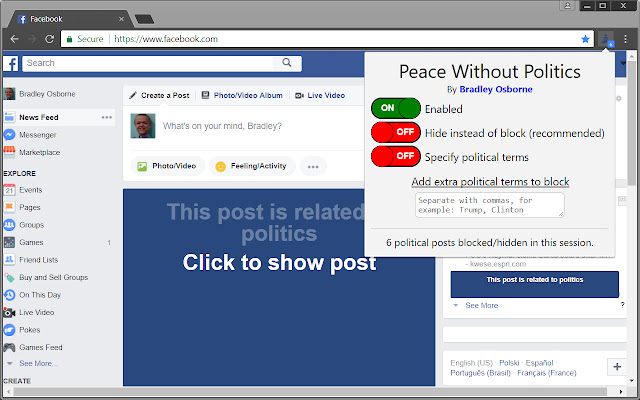 Peace Without Politics for Facebook from Chrome web store to be run with OffiDocs Chromium online Peace Without Politics for Facebook from Chrome web store to be run with OffiDocs Chromium online