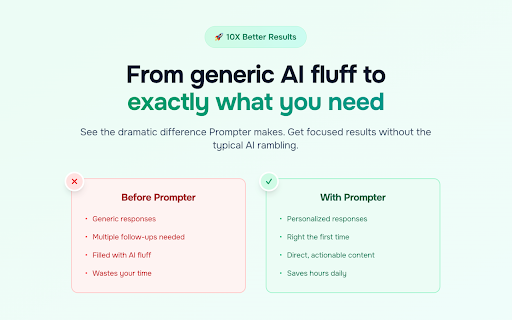 Prompter: Your Personal Prompt Engineer Create AI Prompts with One Click from Chrome web store to be run with OffiDocs Chromium online Prompter: Your Personal Prompt Engineer Create AI Prompts with One Click from Chrome web store to be run with OffiDocs Chromium online