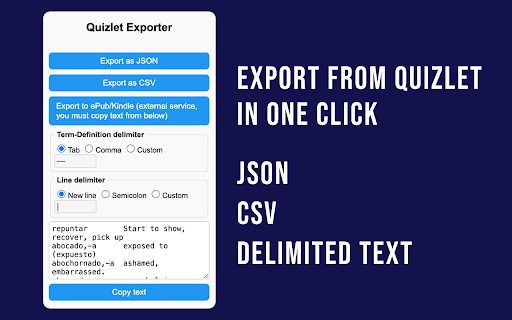 Quizlet Exporter Export Flashcards to JSON, CSV, Text from Chrome web store to be run with OffiDocs Chromium online Quizlet Exporter Export Flashcards to JSON, CSV, Text from Chrome web store to be run with OffiDocs Chromium online