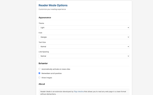 Reader Mode by Íñigo Medina from Chrome web store to be run with OffiDocs Chromium online Reader Mode by Íñigo Medina from Chrome web store to be run with OffiDocs Chromium online