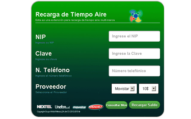 Recarga Tiempo Aire MultiMarca from Chrome web store to be run with OffiDocs Chromium online Recarga Tiempo Aire MultiMarca from Chrome web store to be run with OffiDocs Chromium online