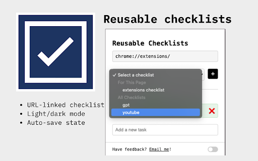 Reusable Checklists from Chrome web store to be run with OffiDocs Chromium online Reusable Checklists from Chrome web store to be run with OffiDocs Chromium online