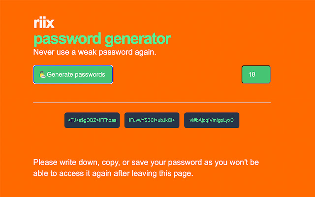 riix Password Generator from Chrome web store to be run with OffiDocs Chromium online riix Password Generator from Chrome web store to be run with OffiDocs Chromium online