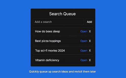 Search Queue from Chrome web store to be run with OffiDocs Chromium online Search Queue from Chrome web store to be run with OffiDocs Chromium online